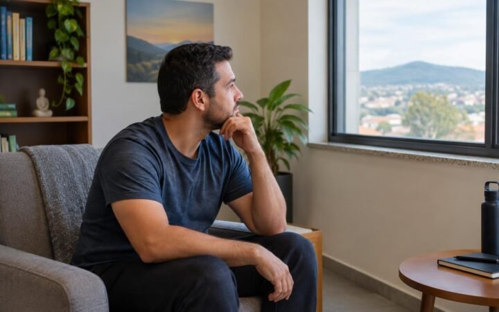 Homem adulto sentado em uma poltrona cinza clara, olhando pensativo para fora de uma janela grande. Na sala há uma estante com livros e plantas, uma planta verde próxima à janela e uma mesa de centro com garrafa preta e um caderno.