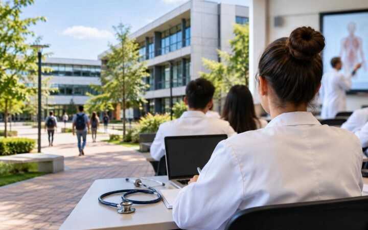 Vista de estudantes com jalecos brancos sentados em mesas ao ar livre, com prédios modernos e árvores ao fundo, e um estetoscópio sobre a mesa à frente.