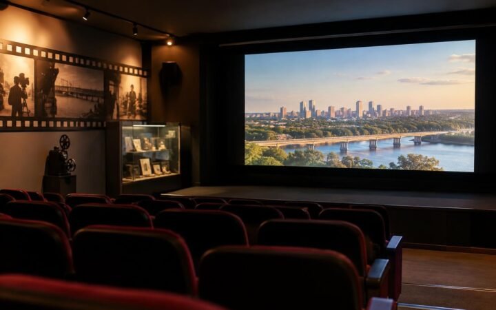 Sala de cinema com fileiras de poltronas vermelhas voltadas para uma grande tela mostrando uma paisagem urbana com um rio e ponte ao fundo, paredes decoradas com painéis fotográficos de temática cinematográfica.