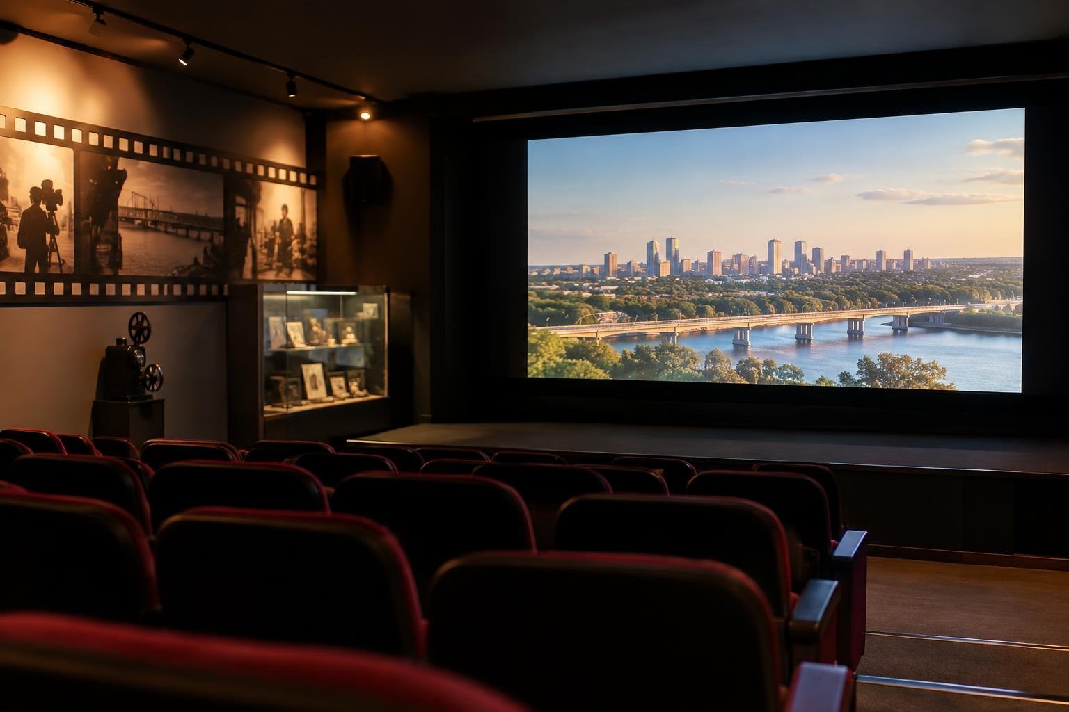 Sala de cinema com fileiras de poltronas vermelhas voltadas para uma grande tela mostrando uma paisagem urbana com um rio e ponte ao fundo, paredes decoradas com painéis fotográficos de temática cinematográfica.