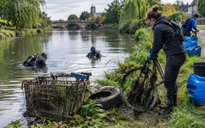 Voluntária segurando uma bicicleta velha coberta de lama e vegetação na margem do Rio Nene, enquanto dois mergulhadores permanecem na água recolhendo lixo. Um carrinho de supermercado e um pneu sujos também estão na margem. Ao fundo há árvores, casas e uma ponte de pedra.