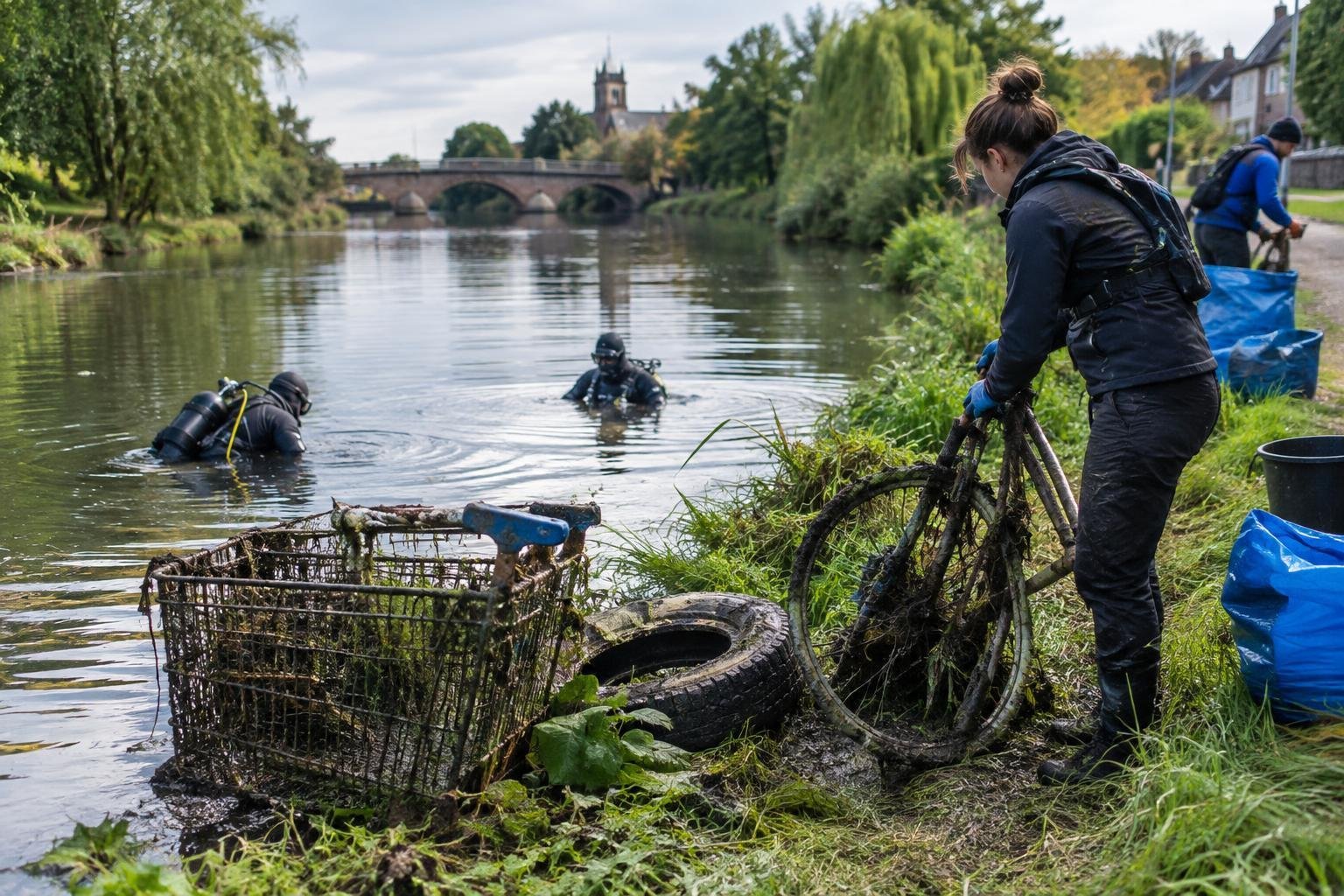 Voluntária segurando uma bicicleta velha coberta de lama e vegetação na margem do Rio Nene, enquanto dois mergulhadores permanecem na água recolhendo lixo. Um carrinho de supermercado e um pneu sujos também estão na margem. Ao fundo há árvores, casas e uma ponte de pedra.