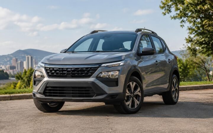 Carro Renault Kardian na cor cinza estacionado ao ar livre, com árvores e prédios ao fundo sob céu parcialmente nublado.
