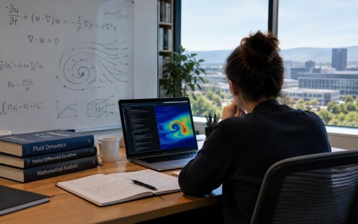 Pessoa de costas sentada em uma mesa de trabalho, olhando para um laptop que exibe uma visualização colorida de fluxo de fluidos, com livros sobre dinâmica de fluidos, equações diferenciais e análise matemática à esquerda, e um quadro branco ao fundo com fórmulas matemáticas escritas e um desenho de turbilhão.