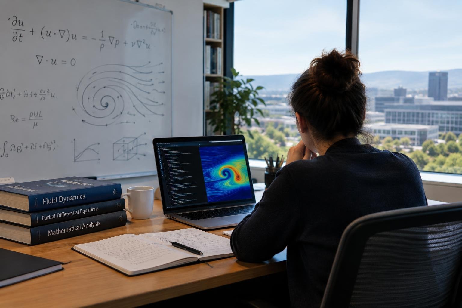 Pessoa de costas sentada em uma mesa de trabalho, olhando para um laptop que exibe uma visualização colorida de fluxo de fluidos, com livros sobre dinâmica de fluidos, equações diferenciais e análise matemática à esquerda, e um quadro branco ao fundo com fórmulas matemáticas escritas e um desenho de turbilhão.