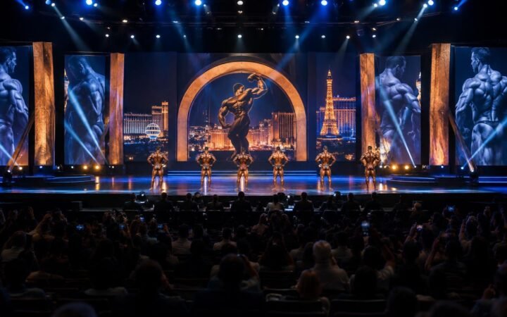 Competidores de fisiculturismo da categoria Open alinhados de costas no palco do Mister Olympia 2026, com um painel iluminado ao fundo e público assistindo.