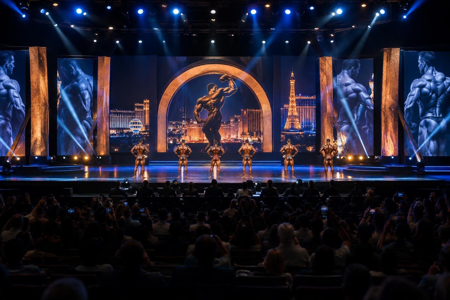 Competidores de fisiculturismo da categoria Open alinhados de costas no palco do Mister Olympia 2026, com um painel iluminado ao fundo e público assistindo.