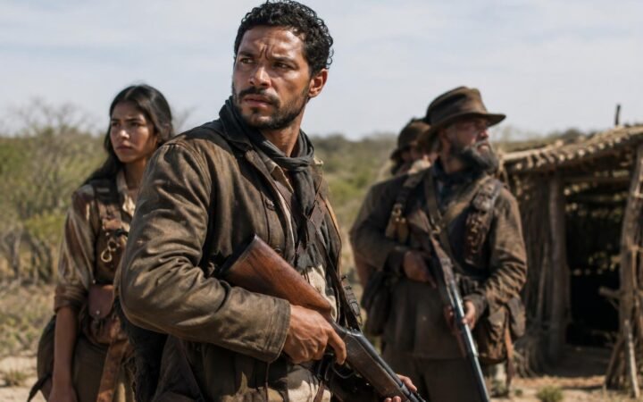 Cena da série "Cangaço Novo" com três pessoas em destaque segurando armas, vestindo roupas simples e sujas, em um ambiente rural de caatinga com uma construção rústica ao fundo.