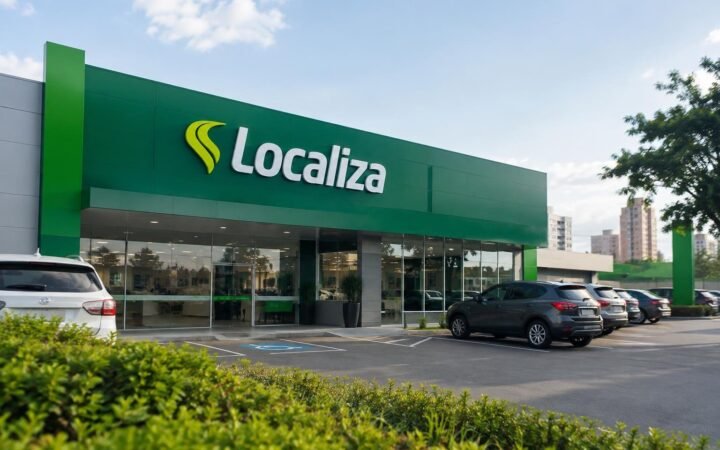 Fachada moderna de uma unidade da Localiza com o nome e logotipo em letras brancas sobre fundo verde, carros estacionados em frente e céu claro ao fundo.