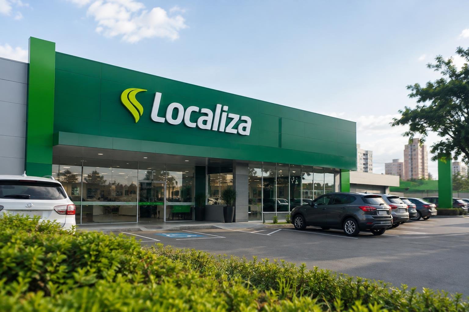 Fachada moderna de uma unidade da Localiza com o nome e logotipo em letras brancas sobre fundo verde, carros estacionados em frente e céu claro ao fundo.