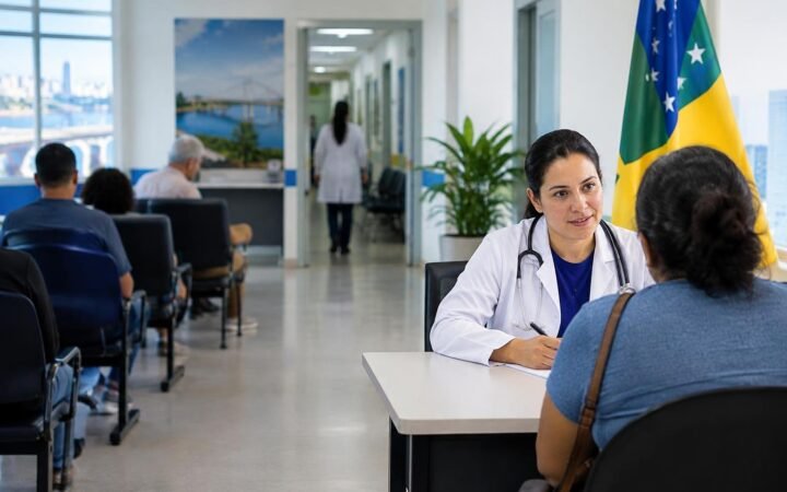 Médica em consultório conversando com paciente sentada diante dela, com outras pessoas na sala de espera e profissionais de saúde ao fundo, em ambiente claro e organizado com a bandeira do Brasil ao fundo.