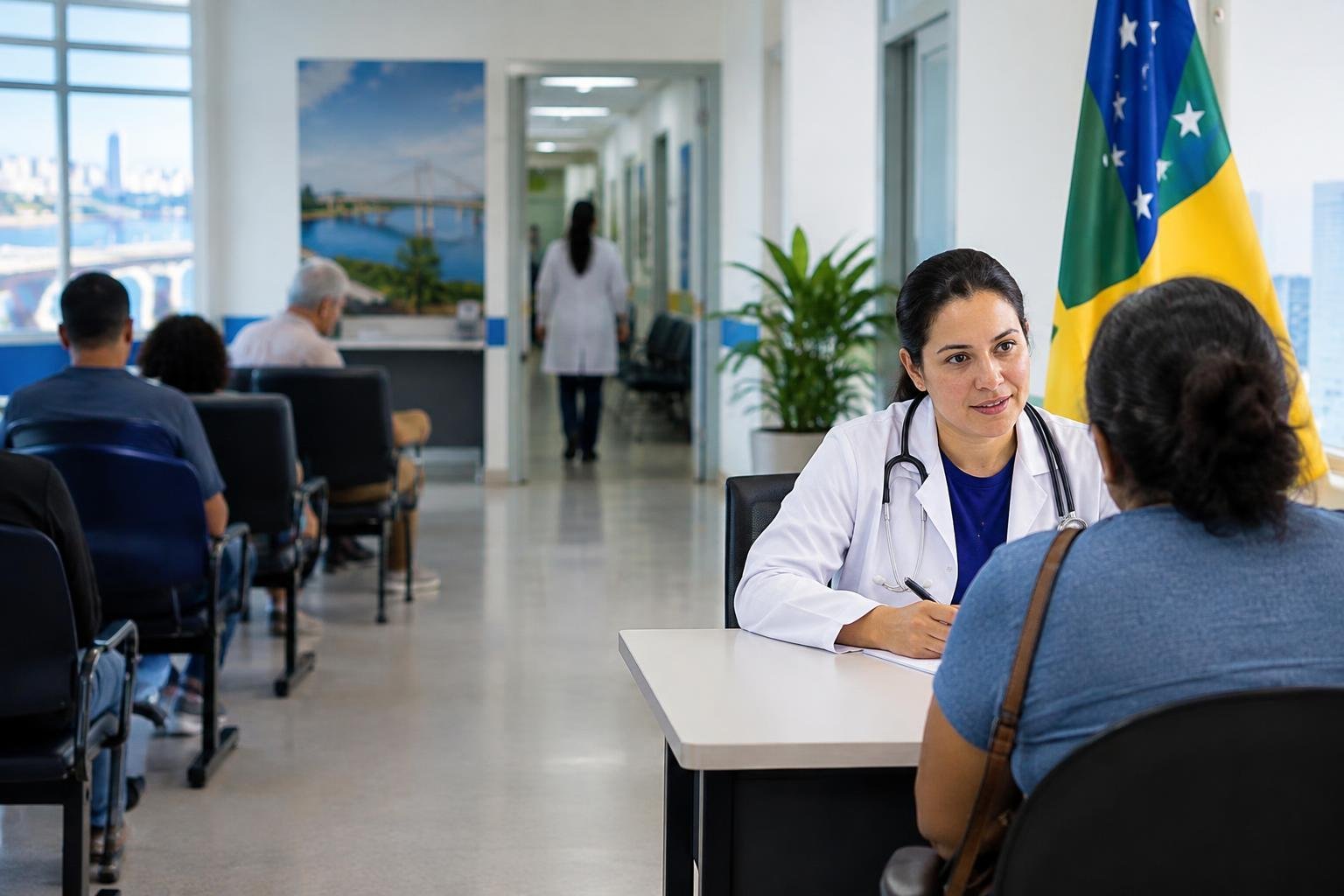 Médica em consultório conversando com paciente sentada diante dela, com outras pessoas na sala de espera e profissionais de saúde ao fundo, em ambiente claro e organizado com a bandeira do Brasil ao fundo.