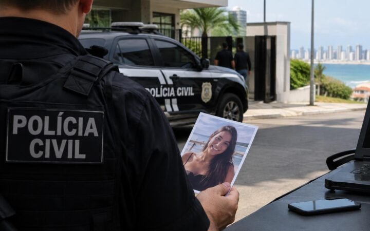 Policial civil de costas, segurando uma foto colorida de uma jovem sorridente. Ao fundo, viatura da Polícia Civil estacionada na rua em frente a um condomínio, com prédios e mar ao longe sob céu claro.