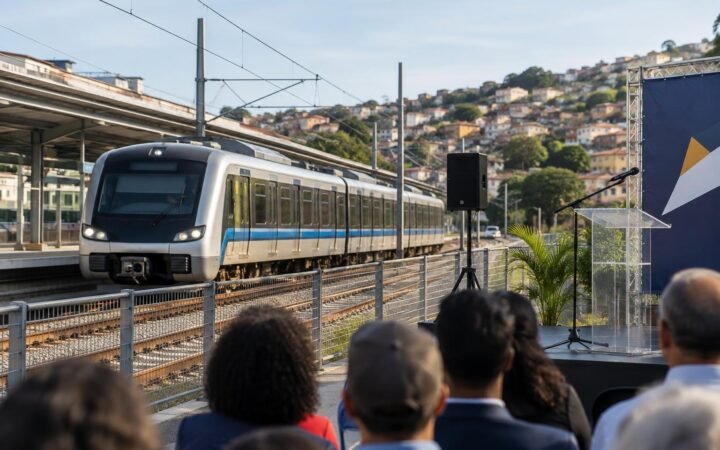 Pessoas assistem a um evento ao ar livre próximo a uma estação ferroviária, com um trem moderno sobre trilhos passando ao fundo. Há câmera de som, púlpito vazio e casas em uma colina ao fundo.