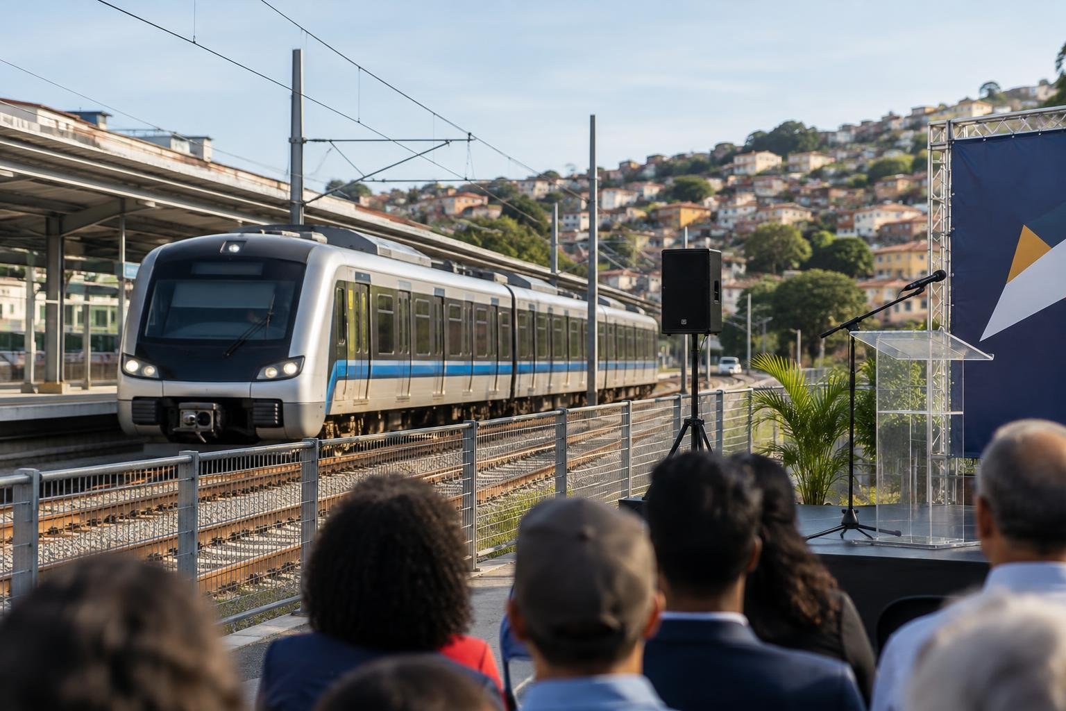 Pessoas assistem a um evento ao ar livre próximo a uma estação ferroviária, com um trem moderno sobre trilhos passando ao fundo. Há câmera de som, púlpito vazio e casas em uma colina ao fundo.