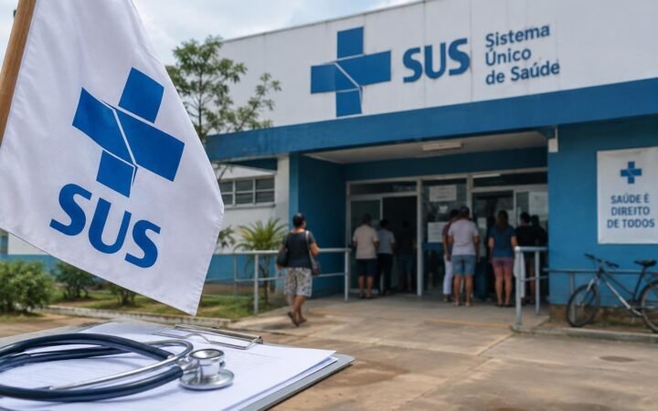 Fachada de unidade do Sistema Único de Saúde com a logo do SUS em destaque, pessoas se aproximando da entrada, e uma bandeira do SUS na frente com um estetoscópio sobre uma prancheta.