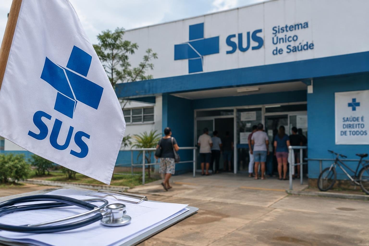 Fachada de unidade do Sistema Único de Saúde com a logo do SUS em destaque, pessoas se aproximando da entrada, e uma bandeira do SUS na frente com um estetoscópio sobre uma prancheta.