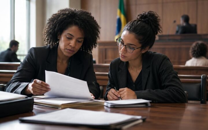 Duas mulheres jovens, uma negra e outra de pele clara, vestidas formalmente, analisam documentos sentadas num banco de tribunal. Ao fundo, bandeira do Brasil e outras pessoas em ambiente judicial.
