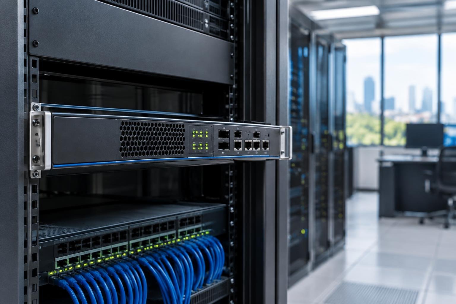 Rack de servidores em um datacenter com diversos equipamentos de rede e cabos azuis organizados, ambiente claro com janela ao fundo mostrando prédios e espaço interno de escritório.