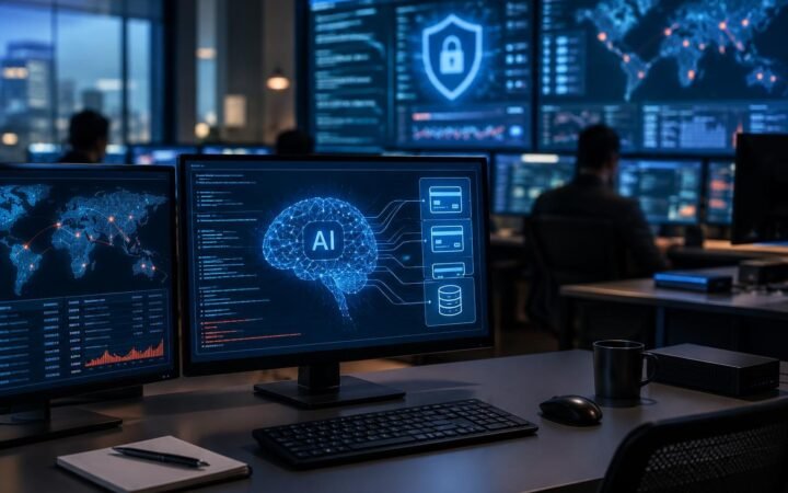 Sala escura de controle de segurança cibernética com vários monitores mostrando mapas-múndi com conexões, gráficos e um cérebro digitalizado com a sigla AI, enquanto profissionais trabalham ao fundo.