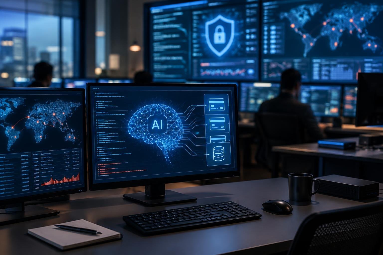 Sala escura de controle de segurança cibernética com vários monitores mostrando mapas-múndi com conexões, gráficos e um cérebro digitalizado com a sigla AI, enquanto profissionais trabalham ao fundo.