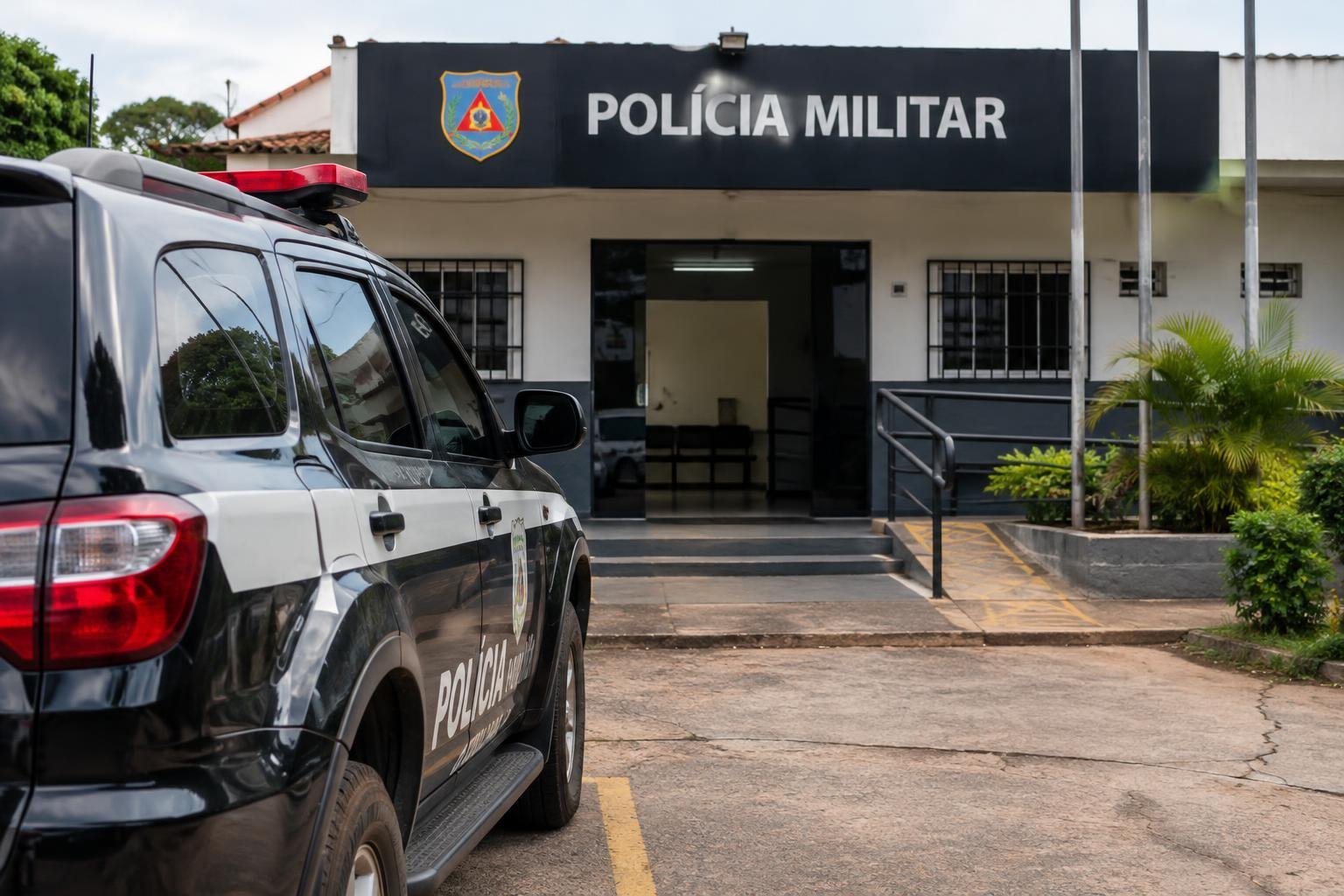 Viatura da Polícia Militar estacionada em frente à sede da Polícia Militar em Cabeceira Grande, com a fachada branca e preta e o letreiro 'Polícia Militar' destacado.