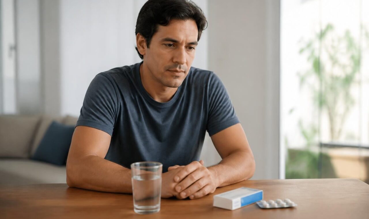 Pessoa refletindo sobre o uso de medicamentos em uma mesa