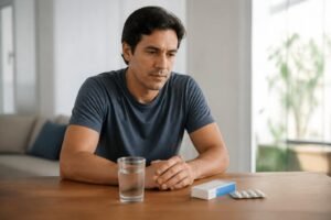Pessoa refletindo sobre o uso de medicamentos em uma mesa