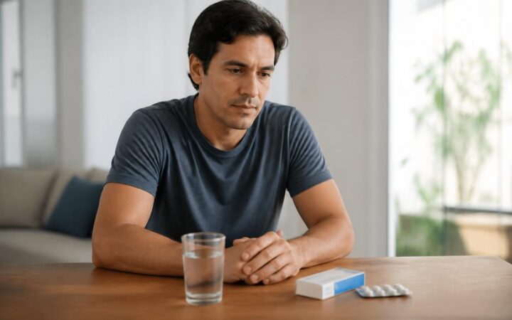 Pessoa refletindo sobre o uso de medicamentos em uma mesa