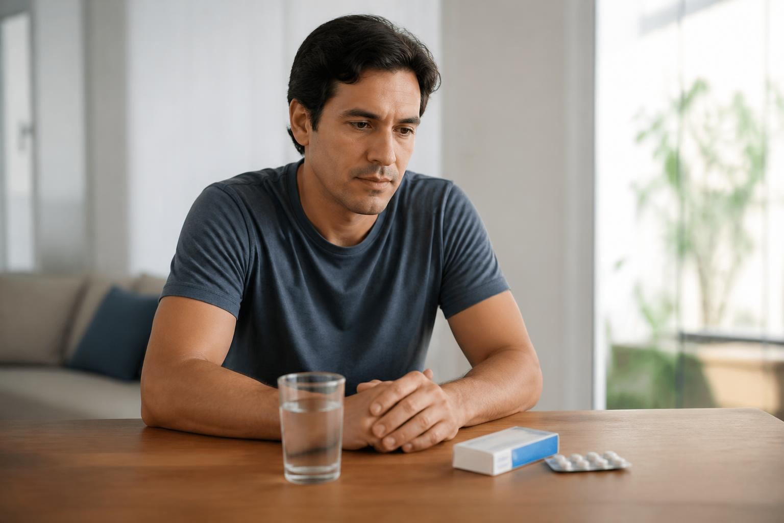 Pessoa refletindo sobre o uso de medicamentos em uma mesa