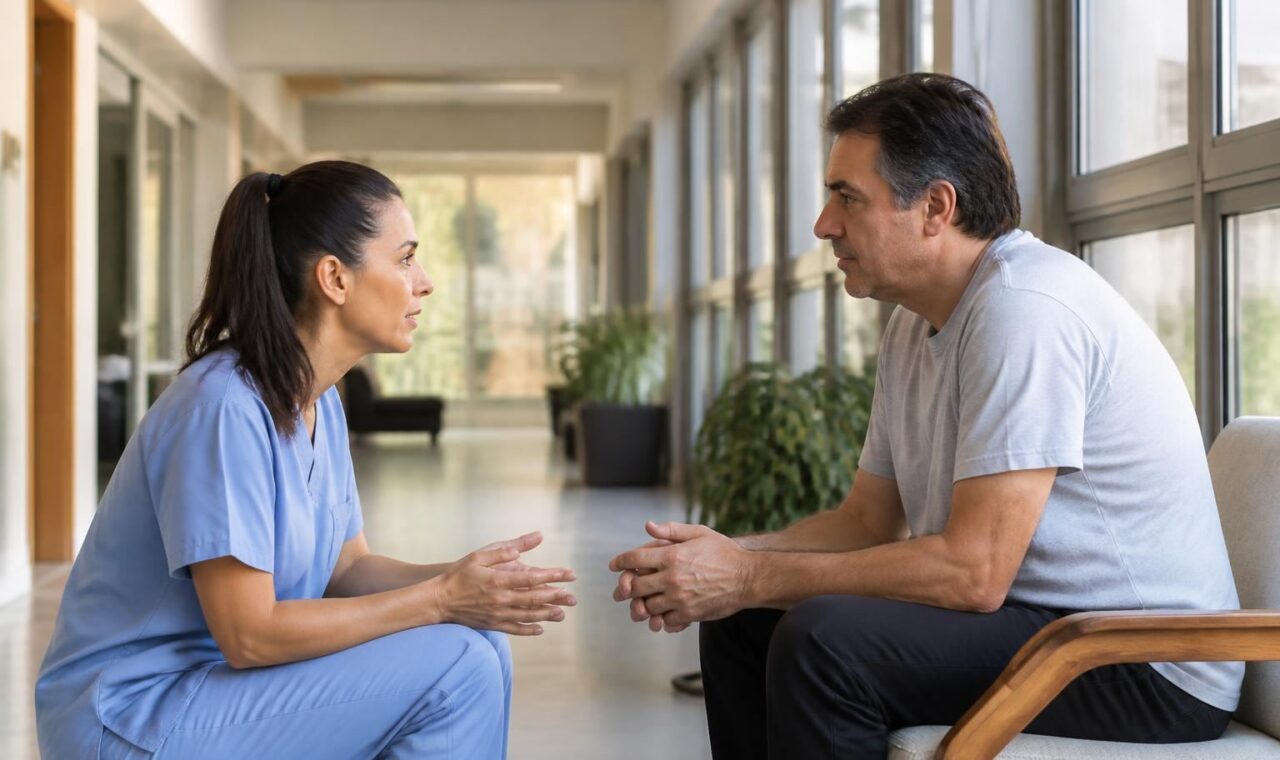 Profissional de saúde conversando com paciente em ambiente acolhedor de reabilitação.
