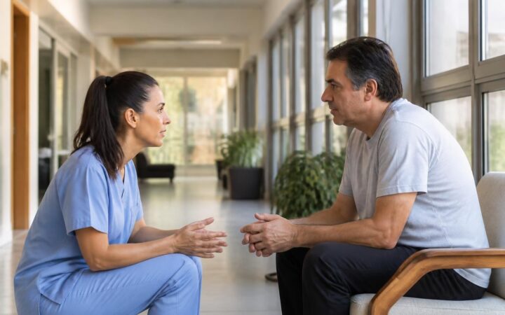 Profissional de saúde conversando com paciente em ambiente acolhedor de reabilitação.