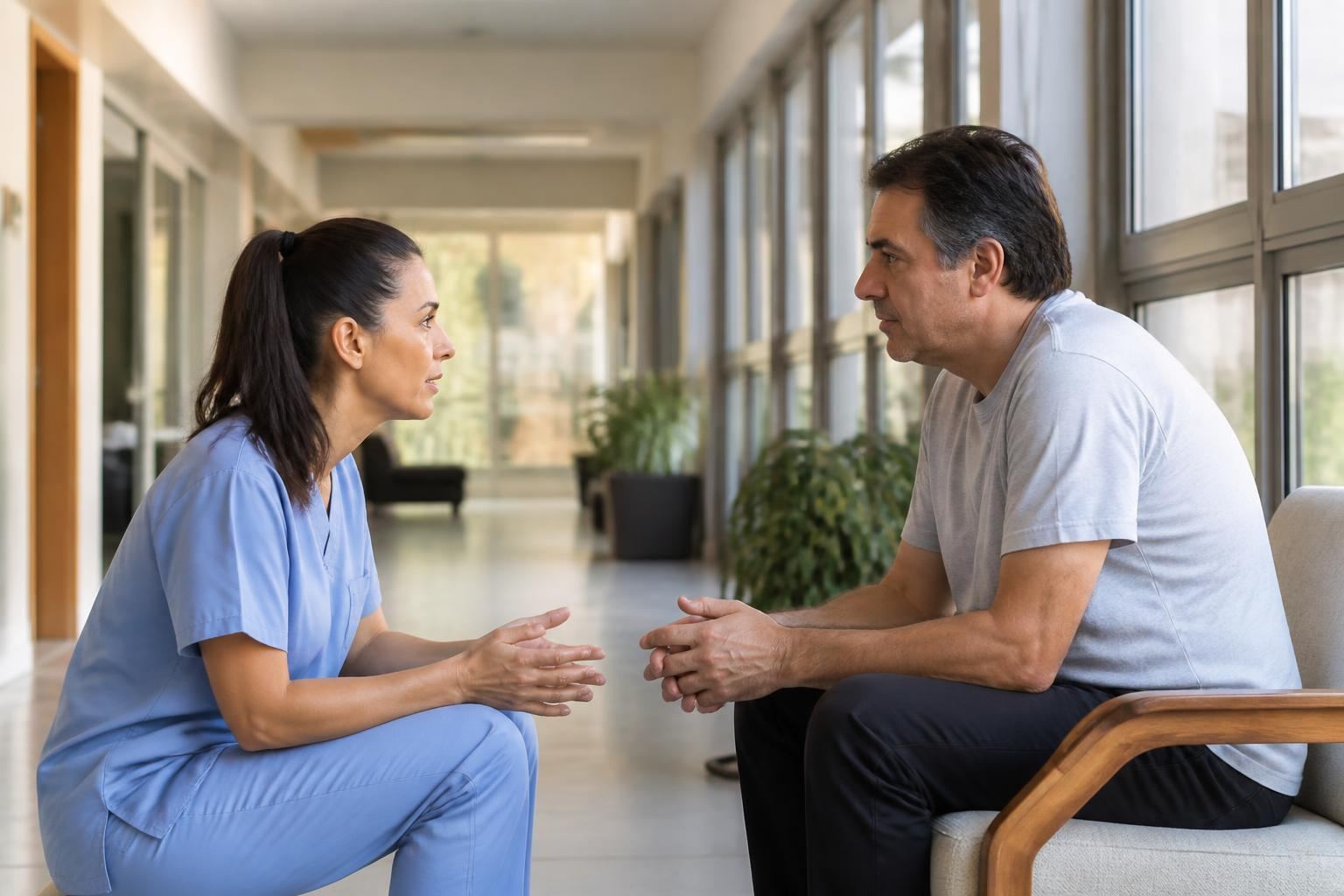 Profissional de saúde conversando com paciente em ambiente acolhedor de reabilitação.