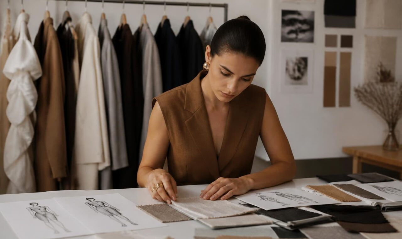 Bastidores da criação de uma coleção de moda com roupas, tecidos e croquis