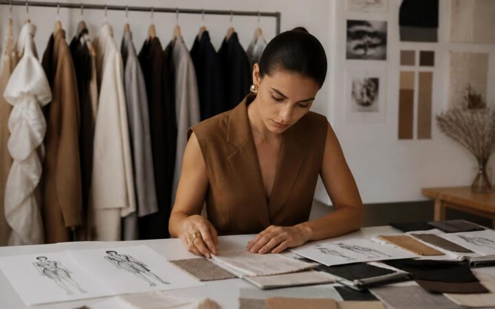 Bastidores da criação de uma coleção de moda com roupas, tecidos e croquis