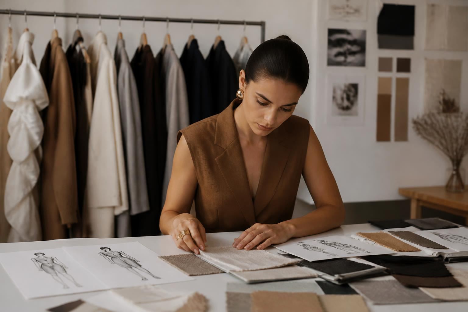 Bastidores da criação de uma coleção de moda com roupas, tecidos e croquis