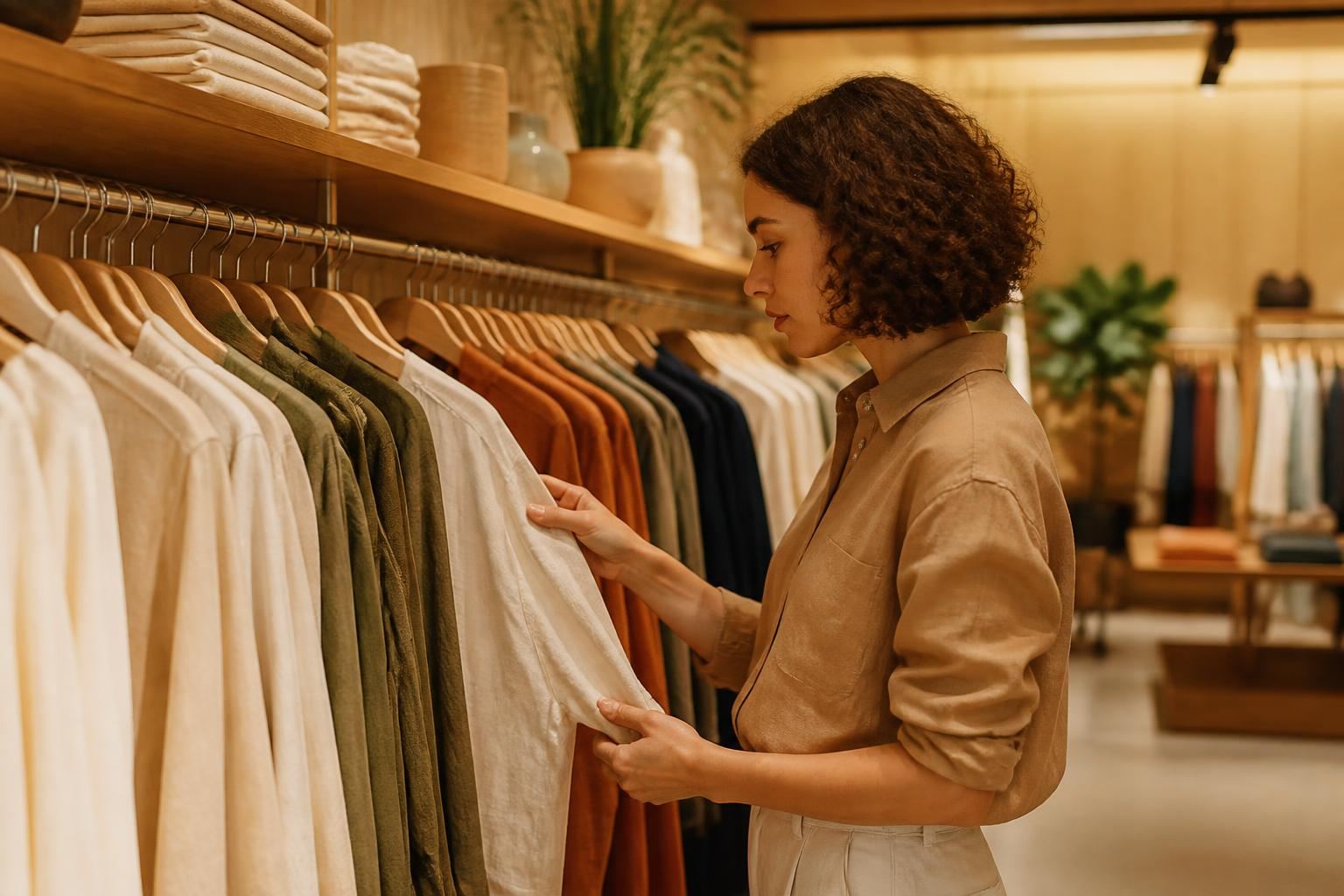 Consumidora escolhendo roupas de forma consciente em uma loja de moda
