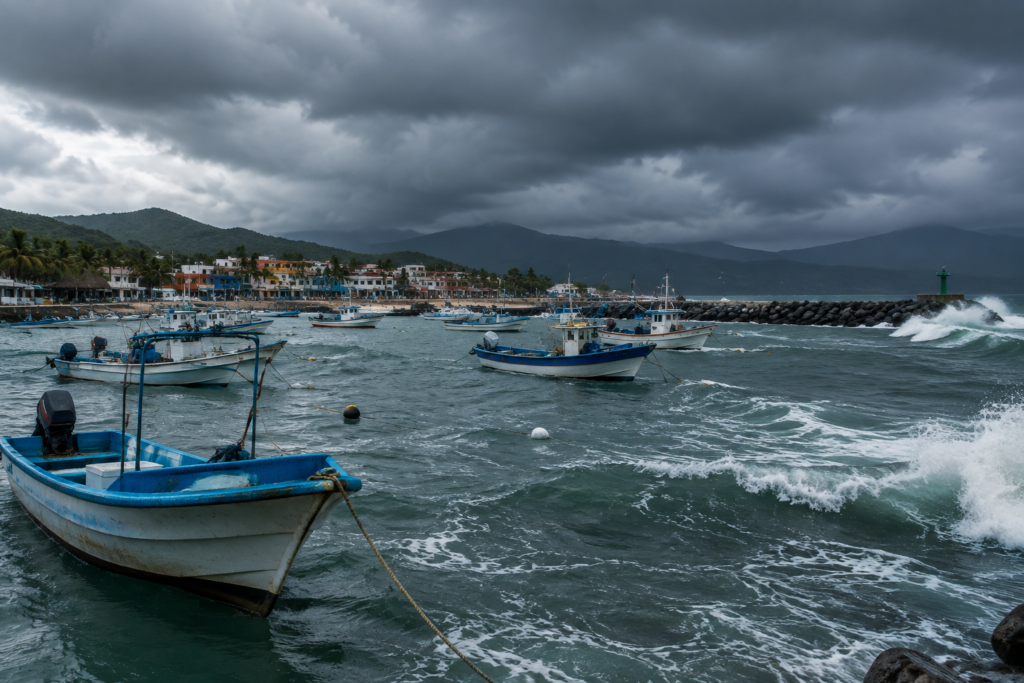 A Marinha fechou portos em Guerrero e Michoacán.