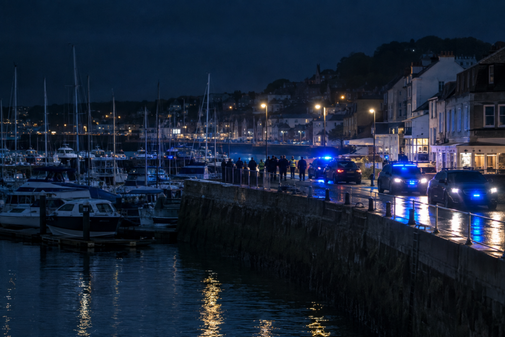 Centenas de manifestantes e policiais se reuniram perto da marina de Gosport.
