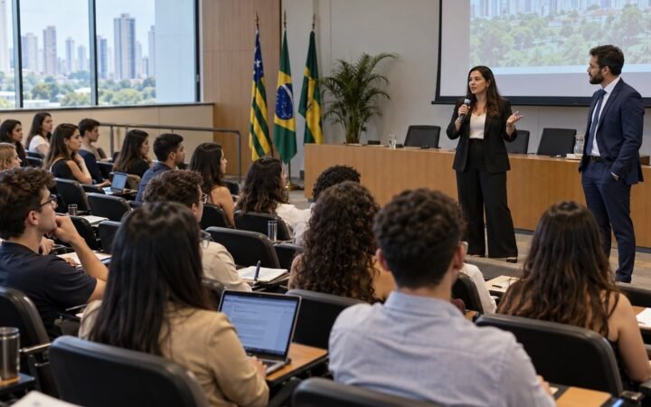 Estudantes da Escola de Negócios da UNIALFA participam de encontro sobre oportunidades de formação prática e atuação junto à Defensoria Pública do Estado de Goiás, em Goiânia.