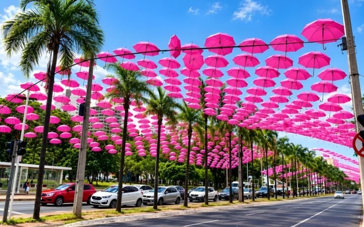 Mais de 1,5 mil guarda - chuvas rosas transformam trecho da Praça Tamandaré em Goiânia.