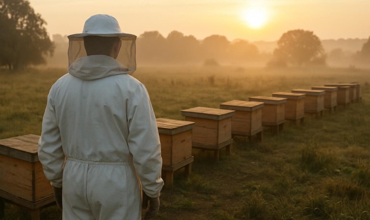 Apiário com caixas de abelhas alinhadas em área rural ao amanhecer