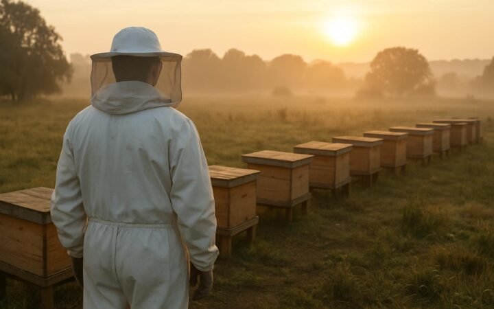 Apiário com caixas de abelhas alinhadas em área rural ao amanhecer