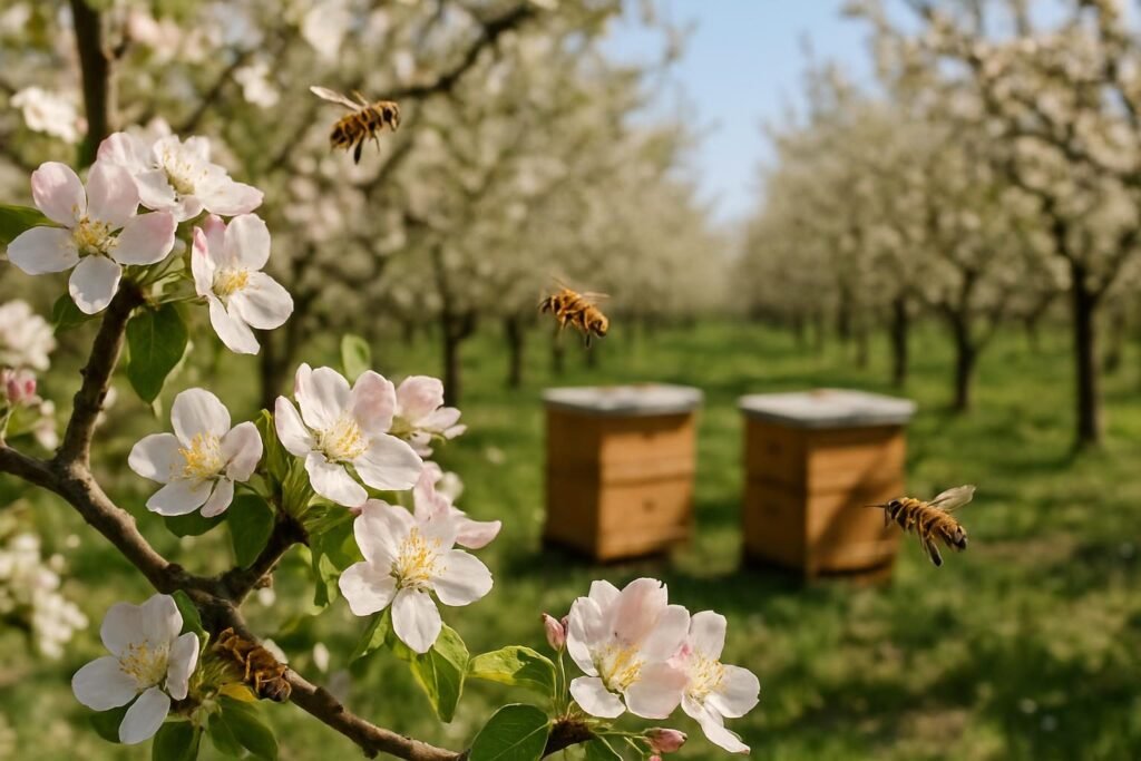 Abelhas polinizando flores em pomar com colmeias ao fundo