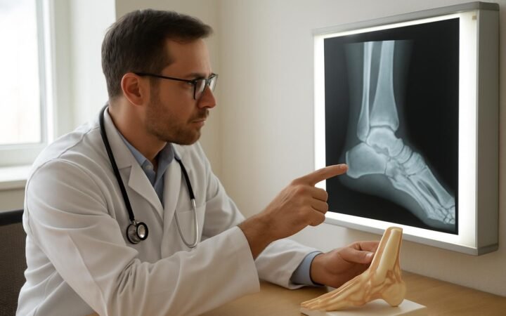 Ortopedista analisa radiografia de tornozelo em consultório ao lado de modelo anatômico