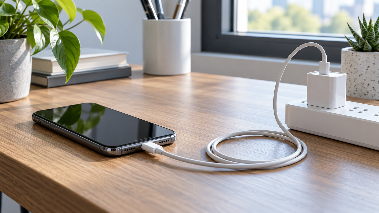 Celular carregando sobre mesa firme e ventilada