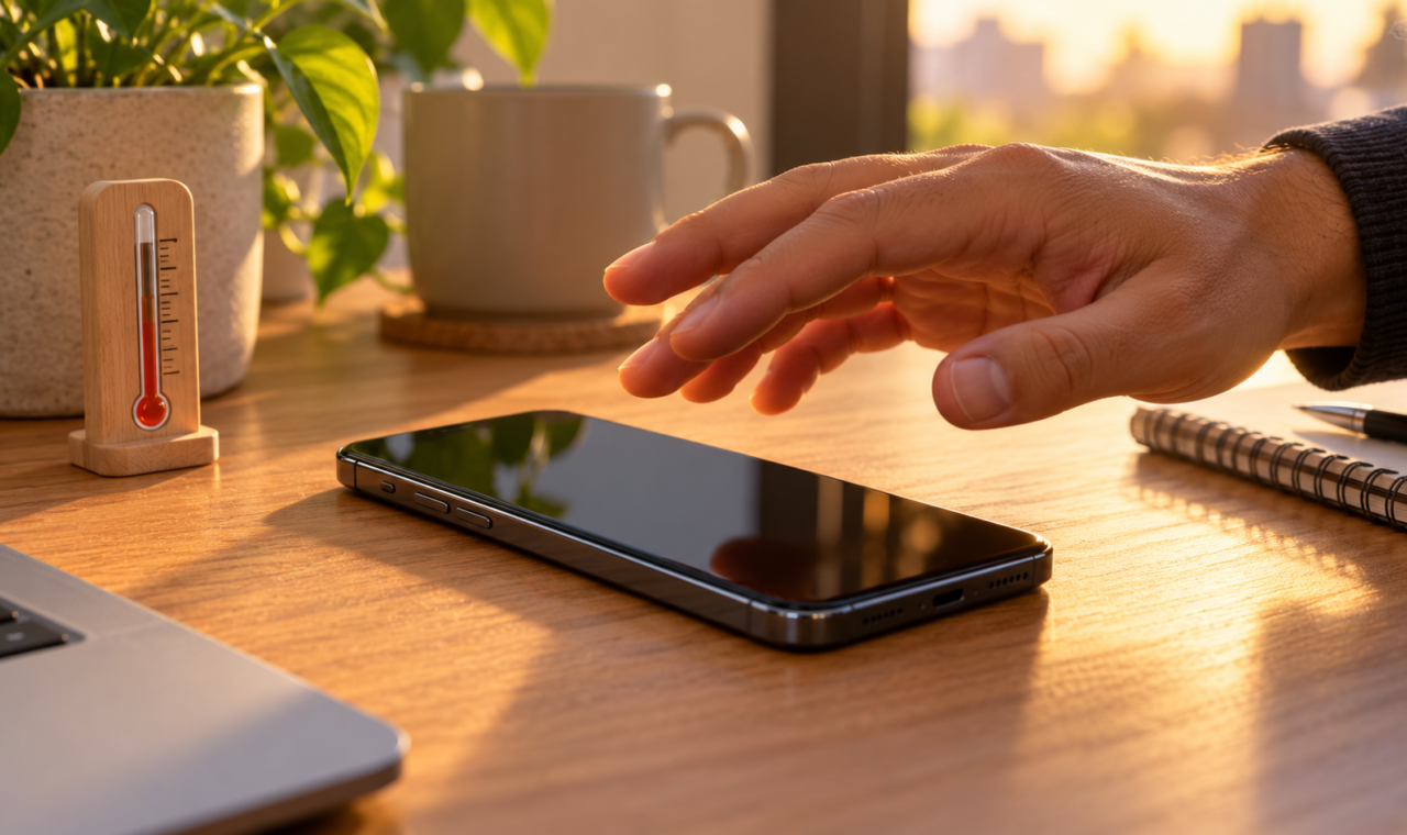 Pessoa verificando um celular aquecido sobre uma mesa