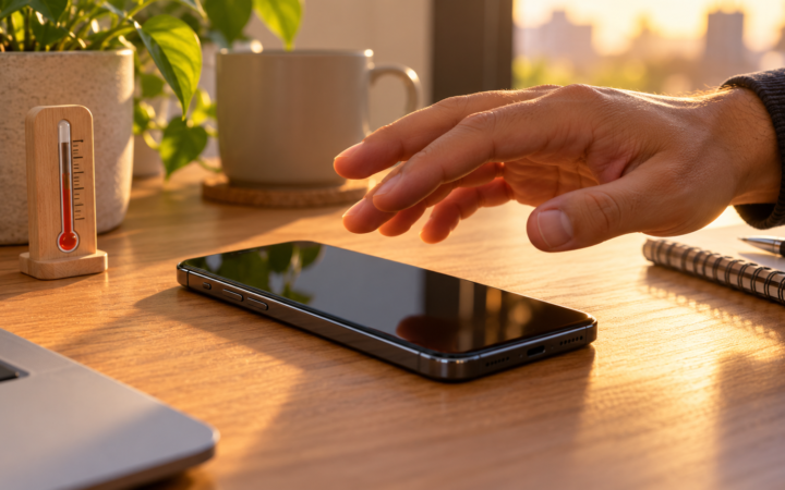 Pessoa verificando um celular aquecido sobre uma mesa