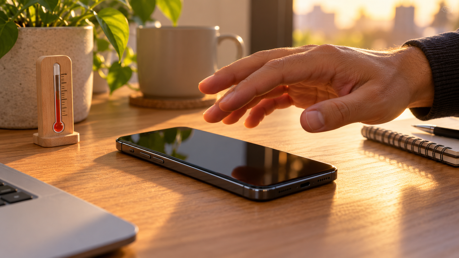 Pessoa verificando um celular aquecido sobre uma mesa
