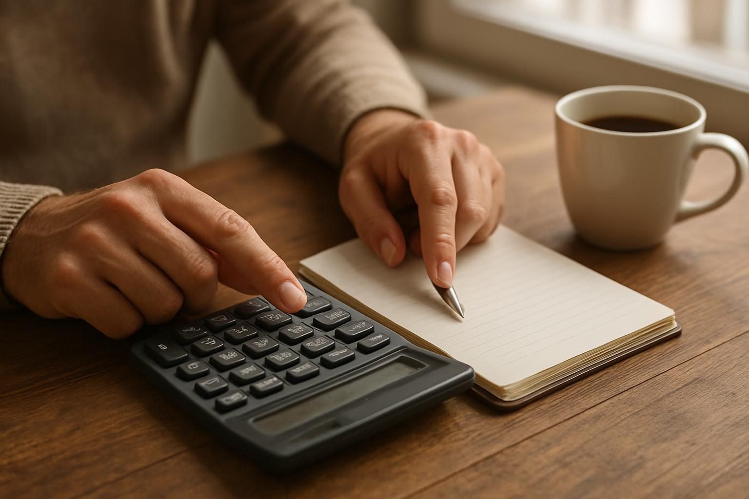 Mãos usando calculadora para conferir o valor das férias com um terço